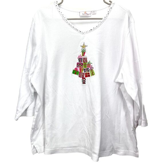 Quacker Factory White Embroidered Rhinestone Christmas Tree Knit Top Size 2X - Picture 2 of 11